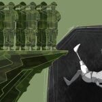 Illustration depicting a man falling from a cliff with armed forces personnel above.